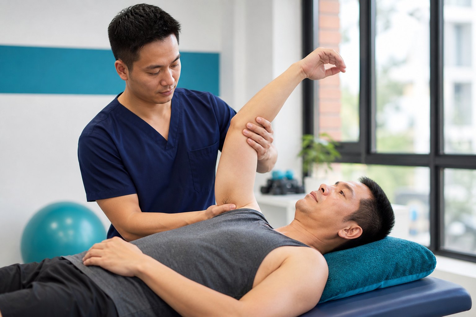 Physiotherapist treating frozen shoulder stiffness in a Calgary clinic